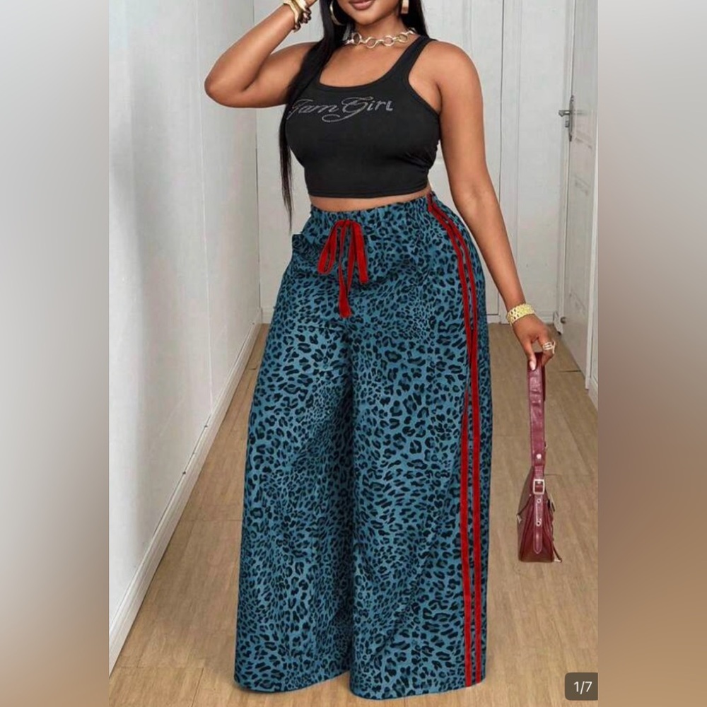 SHEIN Blue Leopard Print Wide-Leg Pants with Red Stripe